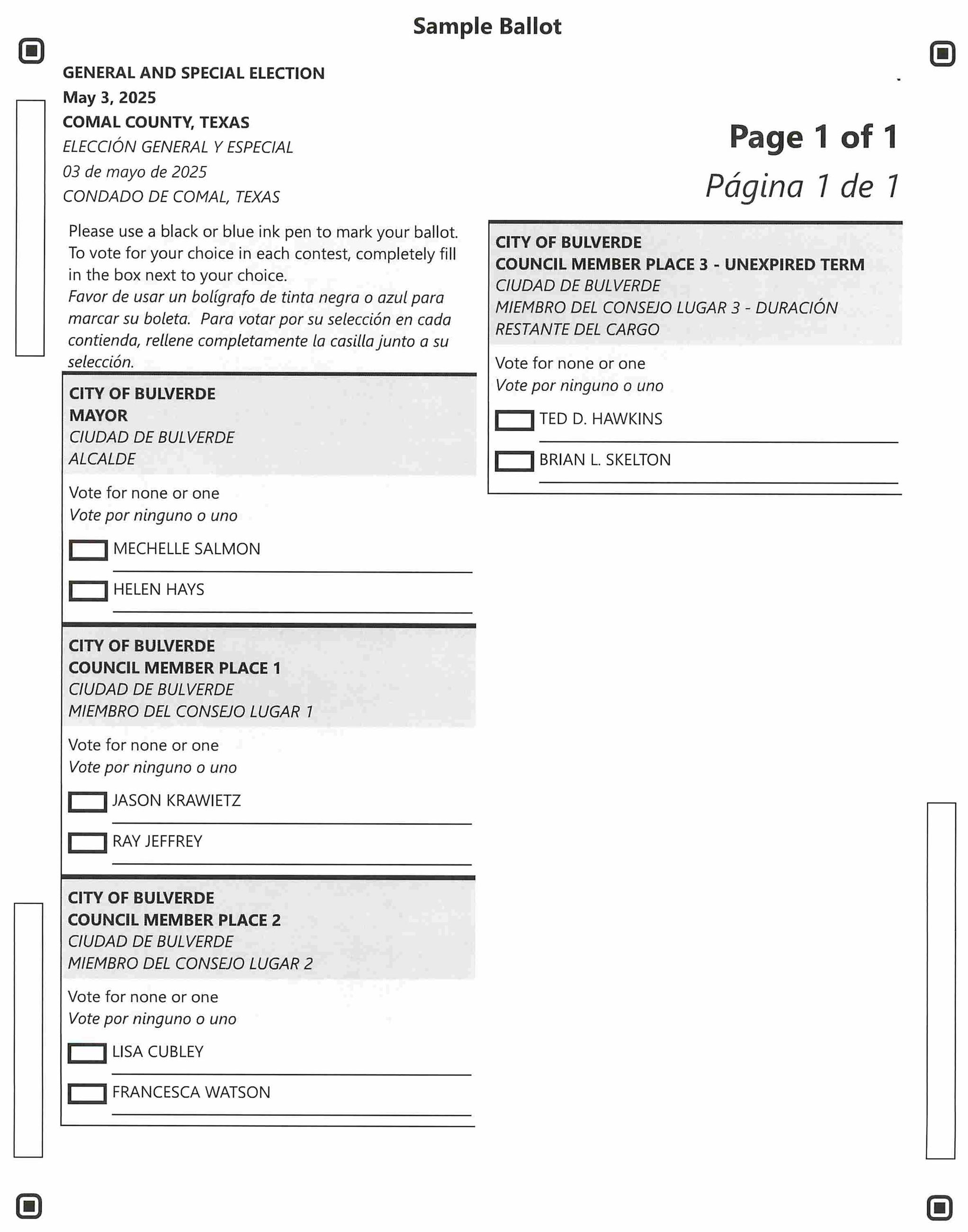 City of Bulverde Sample Ballot